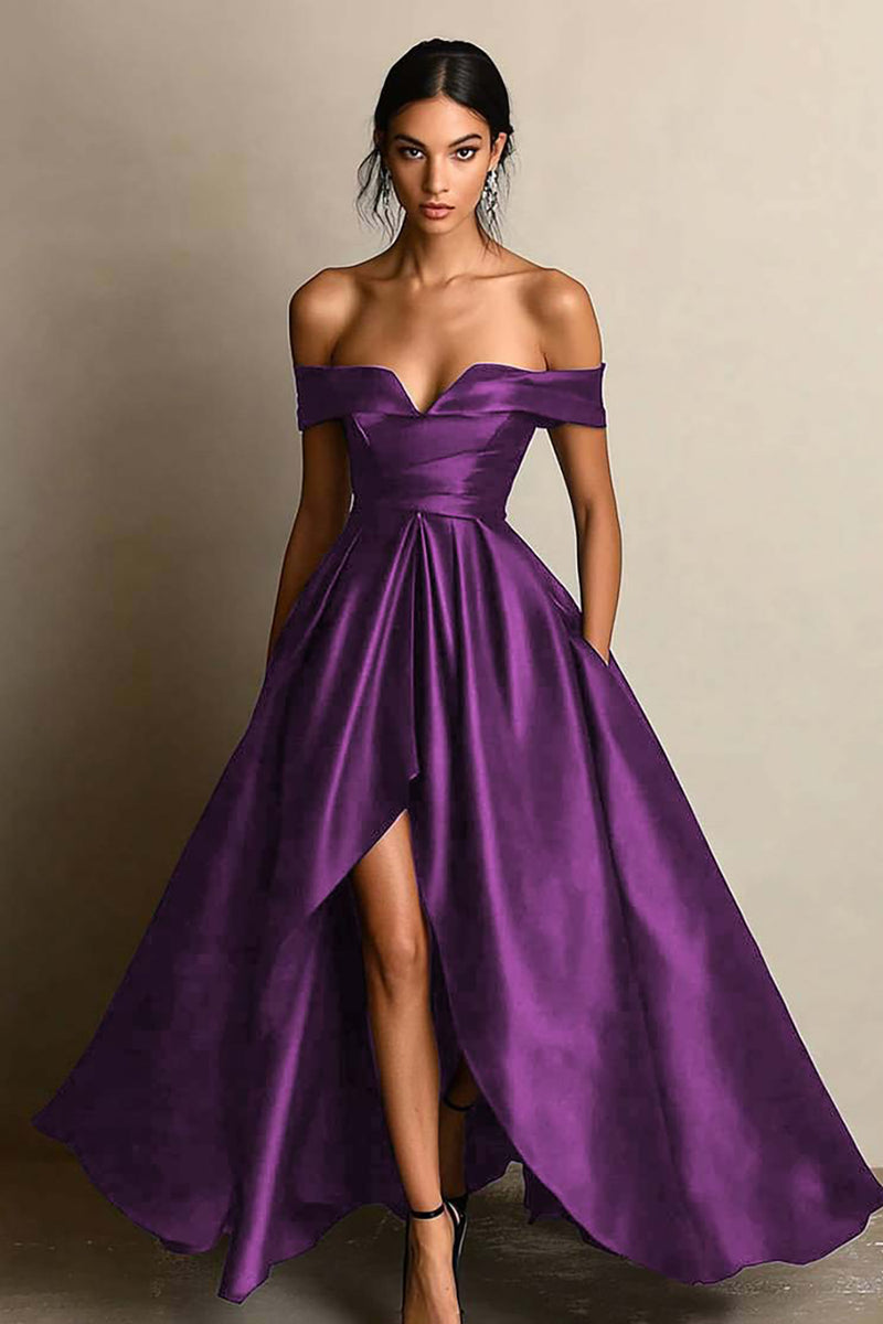 Load image into Gallery viewer, Black A Line Satin Off the Shoulder Long Formal Dress with Slit