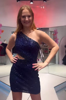 Load image into Gallery viewer, Sparkly Turquoise One Shoulder Bodycon Homecoming Dress with Sequins