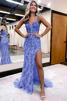 Load image into Gallery viewer, Sparkly Blue Sheath Sequins Long Prom Dress with Slit