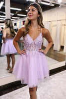 Load image into Gallery viewer, Glitter Lilac A-Line Spaghetti Straps Corset Homecoming Dress with Lace