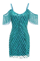 Load image into Gallery viewer, Peacock Green Tight Sequins Cocktail Dress with Fringes