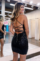 Load image into Gallery viewer, Sparkly Silver Halter Bodycon Homecoming Dress With Criss Cross Back