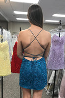 Load image into Gallery viewer, Sky Blue Spaghetti Straps Beaded Homecoming Dress with Lace