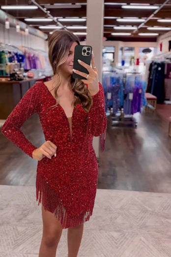 Sparkly Dark Red Sequined Long Sleeves Homecoming Dress with Fringes