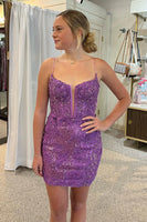 Load image into Gallery viewer, Sparkly Purple Spaghetti Straps Tight Short Homecoming Dress with Sequins