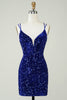 Load image into Gallery viewer, Royal Blue V-Neck Sequined Homecoming Dress with Criss Cross Back