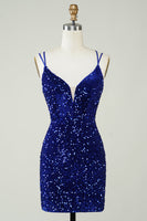 Load image into Gallery viewer, Royal Blue V-Neck Sequined Homecoming Dress with Criss Cross Back