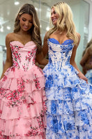 Load image into Gallery viewer, Floral White Blue A Line Tiered Long Corset Prom Dress with Ruffles