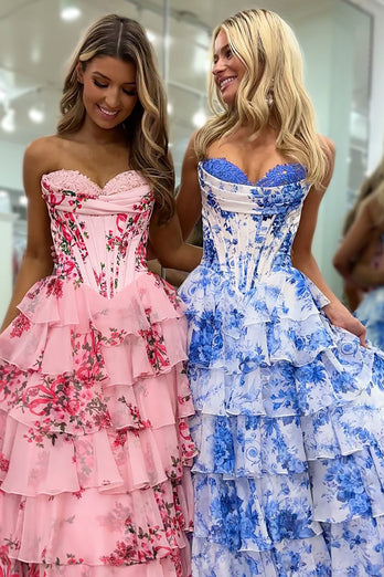 White Blue Flower Corset A Line Tiered Long Prom Dress