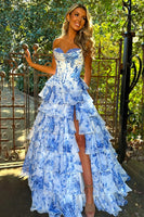 Load image into Gallery viewer, Floral White Blue A Line Tiered Long Corset Prom Dress with Ruffles
