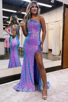 Load image into Gallery viewer, Sparkly Purple Sequins One Shoulder Long Prom Dress with Fringes