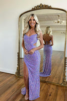 Load image into Gallery viewer, Sparkly Purple Mermaid Spaghetti Straps Sequins Prom Dress with Slit