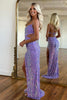 Load image into Gallery viewer, Sparkly Purple Mermaid Spaghetti Straps Sequins Prom Dress with Slit