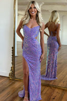 Load image into Gallery viewer, Sparkly Purple Mermaid Spaghetti Straps Sequins Prom Dress with Slit