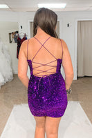 Load image into Gallery viewer, Royal Blue V-Neck Sequined Homecoming Dress with Criss Cross Back