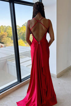 Red Mermaid Spaghetti Straps Long Corset Prom Dress With Slit