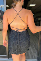 Load image into Gallery viewer, Sky Blue Spaghetti Straps Beaded Homecoming Dress with Lace