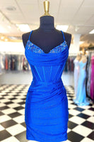 Load image into Gallery viewer, Sparkly Royal Blue Spaghetti Straps Corset Homecoming Dress with Beading