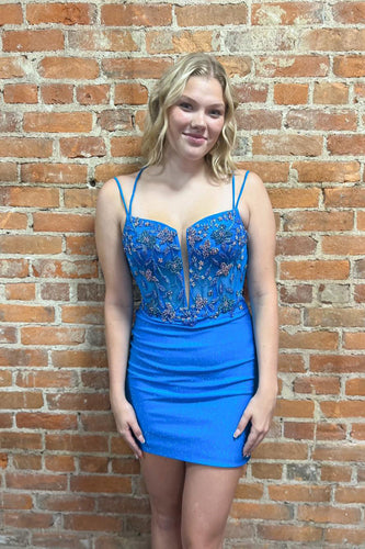 Glitter Blue Spaghetti Straps Bodycon Corset Homecoming Dress with Beading