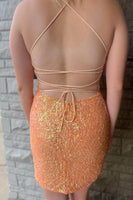 Load image into Gallery viewer, Sparkly Fuchsia Spaghetti Straps Sequined Tight Homecoming Dress