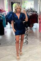 Load image into Gallery viewer, Sparkly Red Bodycon Beaded Homecoming Dress with Puff Sleeves