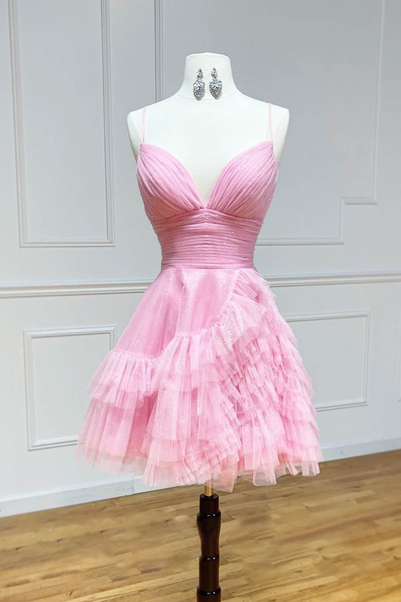 Load image into Gallery viewer, A Line Pink Spaghetti Straps Homecoming Dress with Ruffles