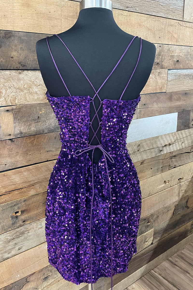 Load image into Gallery viewer, Royal Blue V-Neck Sequined Homecoming Dress with Criss Cross Back