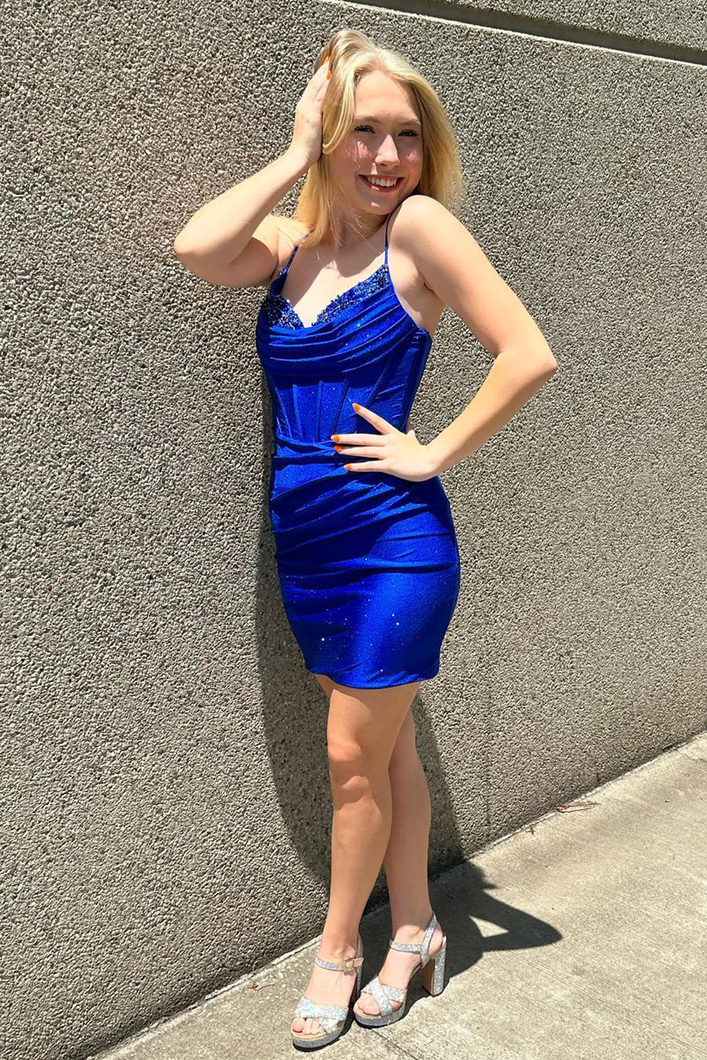 Sparkly Royal Blue Spaghetti Straps Corset Homecoming Dress with Beading