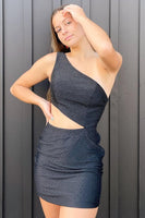Load image into Gallery viewer, Sparkly Black One Shoulder Cut Out Homecoming Dress with Beading
