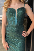 Load image into Gallery viewer, Sparkly Dark Green Spaghetti Straps Corset Homecoming Dress with Sequins