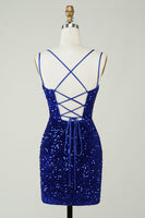 Load image into Gallery viewer, Royal Blue V-Neck Sequined Homecoming Dress with Criss Cross Back