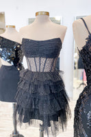 Load image into Gallery viewer, Glitter Black A-Line Corset Tiered Tulle Homecoming Dress