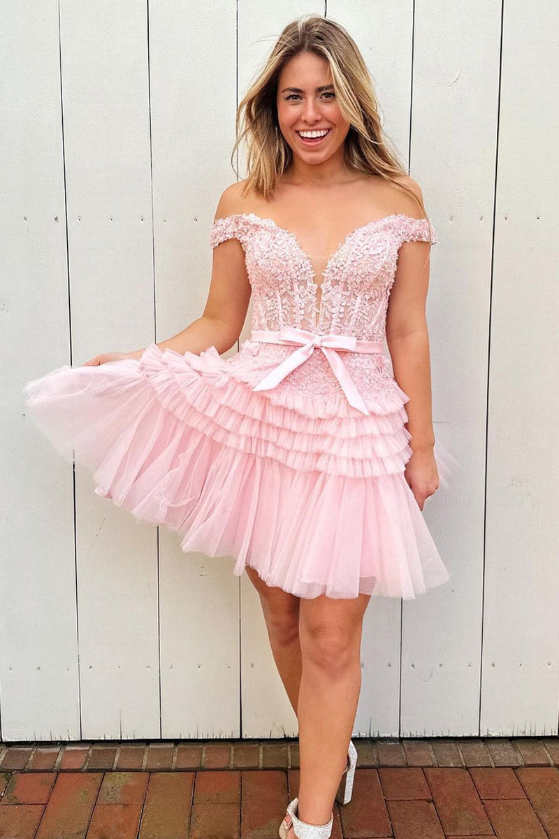 Load image into Gallery viewer, Sparkly Fuchsia A-Line Tiered Corset Homecoming Dress with Lace