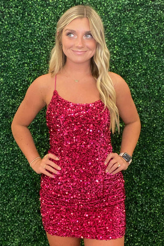 Sparkly Fuchsia Spaghetti Straps Sequined Tight Homecoming Dress