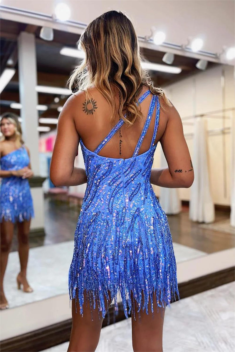 Load image into Gallery viewer, Sheath One Shoulder Blue Sequins Short Homecoming Dress with Tassel