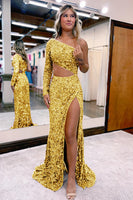 Load image into Gallery viewer, Sheath One Shoulder Fuchsia Sequins Long Prom Dress with Silt