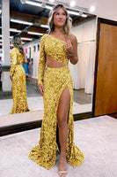 Load image into Gallery viewer, Sheath One Shoulder Fuchsia Sequins Long Prom Dress with Silt
