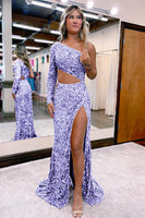 Load image into Gallery viewer, Sheath One Shoulder Fuchsia Sequins Long Prom Dress with Silt