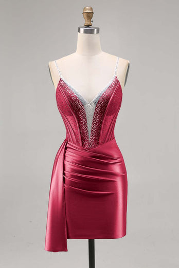 Sparkly Navy Satin Short Corset Homecoming Dress with Beading