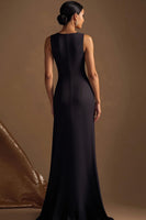 Load image into Gallery viewer, Simple Black Satin Long Sheath Evening Dress