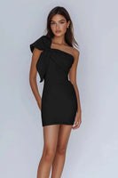 Load image into Gallery viewer, White Sheath Satin One Shoulder Graduation Dress with Bow