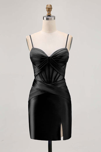 Royal Blue Satin Corset Ruched Tight Short Homecoming Dress with Slit
