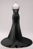 Load image into Gallery viewer, Sparkly Black Corset Spaghetti Straps Prom Dress with Slit