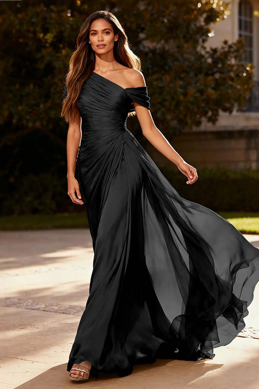 Load image into Gallery viewer, Plus Size Dusty Sage One Shoulder Ruched Long Chiffon Formal Dress with Side Cape