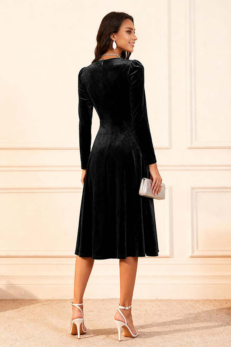 Load image into Gallery viewer, Glitter Dark Green Velvet A Line Midi Holiday Party Dress with Sleeves