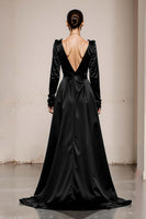 Load image into Gallery viewer, Peacock Green Satin V-Neck A Line Long Sleeves Formal Dress