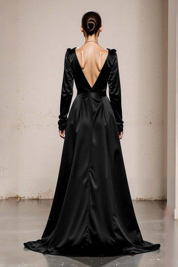 Peacock Green Satin V-Neck A Line Long Sleeves Formal Dress
