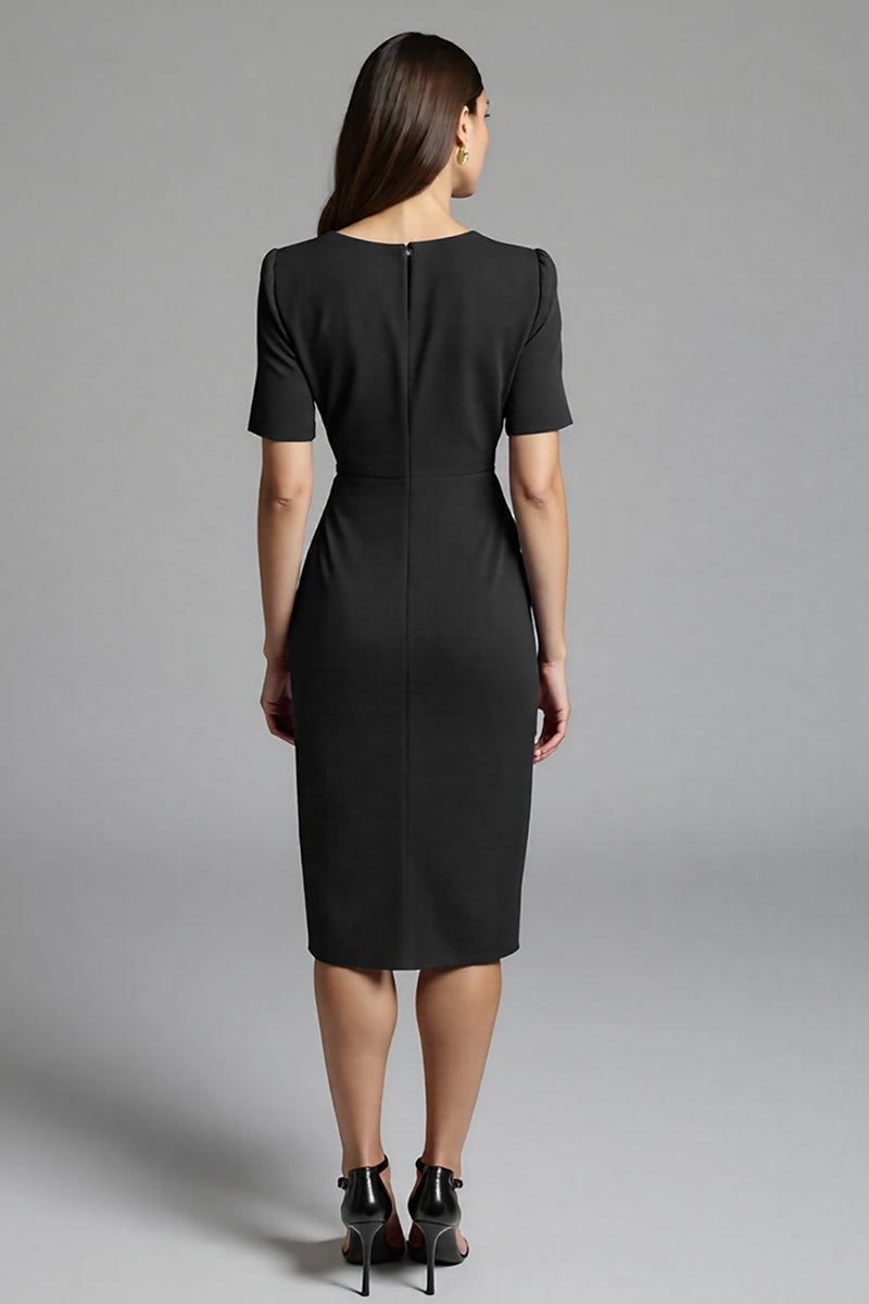 Load image into Gallery viewer, Navy Bodycon Satin V-Neck Midi Work Dress with Sleeves