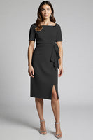 Load image into Gallery viewer, Champagne Bodycon Ruffled Midi Satin Work Dress with Slit