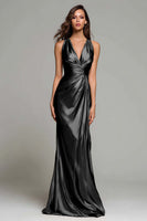 Load image into Gallery viewer, Sparkly Gold Metallic V-Neck Mermaid Ruched Long Formal Dress